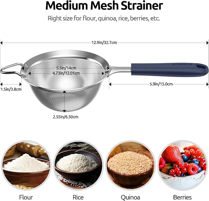 U-Taste 18/8 Stainless Steel Measuring Cups and Spoons (Set of 10, Midnight Blue), and Fine Mesh Strainer with Sturdy Riveted Silicone Handle and Strong Frame (Midnight Blue) - Image 3