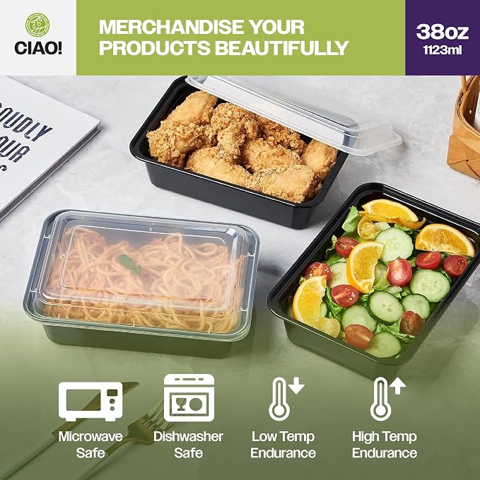 CIAO! Heavy Weight 38oz Injection Molded Microwavable Black Rectangular Food Container with Lid (150/case) - Image 6