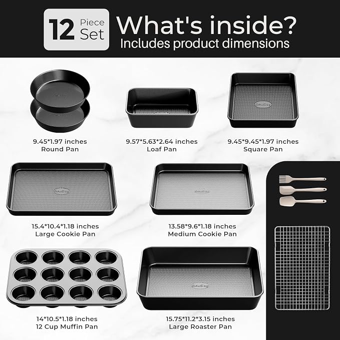 12-Piece Nonstick Bakeware Set, Stackable Non Toxic Baking Pans Set - Black | Oven Safe Bakeware Set with Rack & Kitchen Utensils, Cookie Sheets Set, Cake Pan, Muffin Pan, Loaf Pan, Roasting Pan - Image 3
