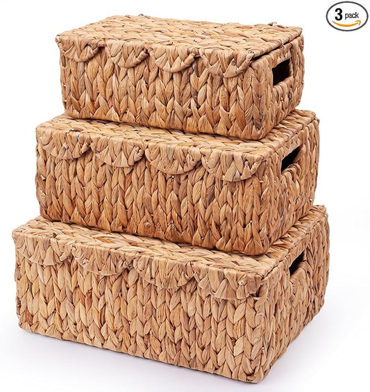3 Pcs Large Wicker Storage Baskets with Lids 16" 14" 12" Scalloped Wicker Edge Basket Rattan Storage Rectangle Box Large Water Hyacinth Bins with Built in Handles for Living Room, Nursery by Unknown
