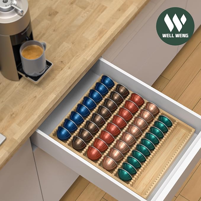 for Nespresso Vertuo Capsules Bamboo Coffee Pod Drawer Organizer | 14.84" Wx11.81" Dx1.54" H 48 Big or 60 Small Pods Holder for Counter - Image 3
