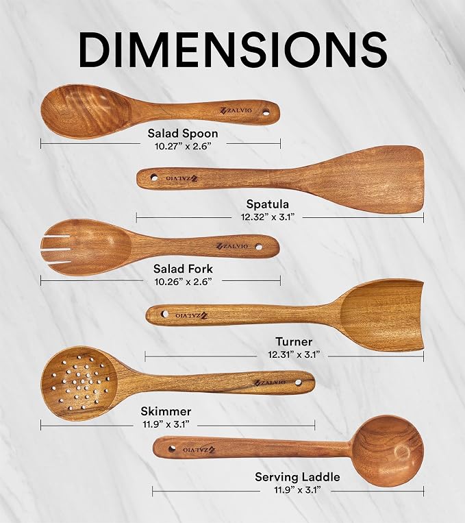 Zalvio 6-Piece Acacia Wood Cooking Utensil Set – Handmade Wooden Spoons & Spatulas | Heat-Resistant, Nonstick, Eco-Friendly Kitchen Tools - Image 2