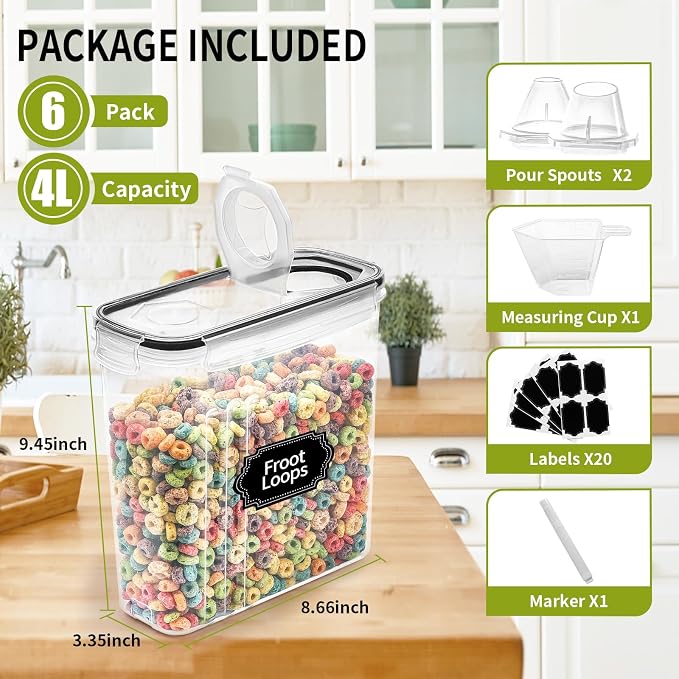Skroam Cereal Containers Storage of 6 [4L/135.2 oz], Airtight Food Storage Containers with Lids, Plastic Cereal Dispensers for Kitchen & Pantry Organizers and Storage, Measuring Cup & 20 Labels - Image 2