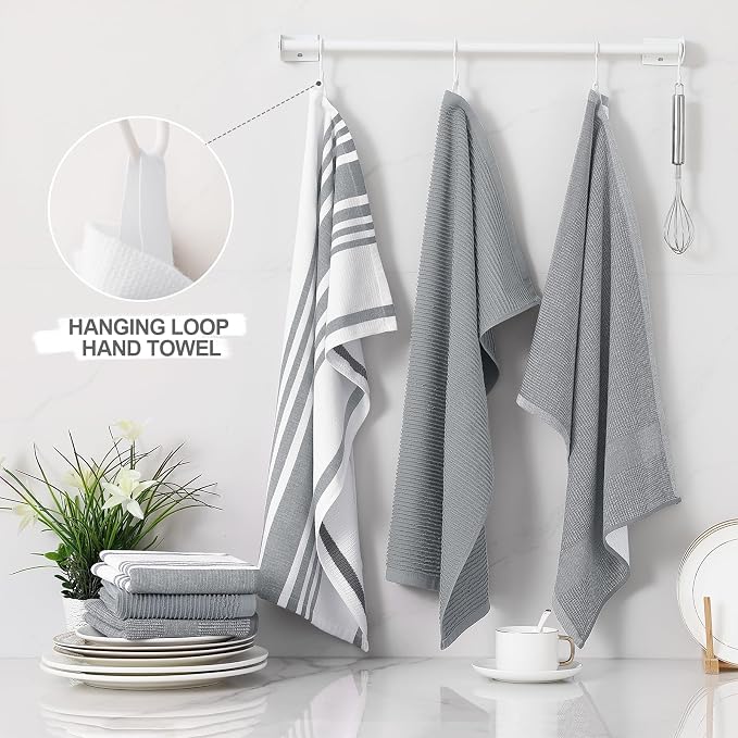 Homaxy Cotton 380 GSM Premium Kitchen Towels, 18"x 28", 3 Pack, Grey | Soft and Absorbent Terry Dish Towels, Multipurpose Tea Towel Set with Hanging Loop, 3 Styles Kitchen Hand Towels - Image 3