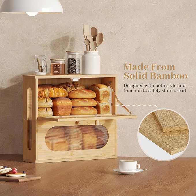 Corner Bread Box for Kitchen Countertop, 2026 New Double Layer Bamboo Bread Storage Bin, Large Bread Container for homemade bread (Natural) - Image 8