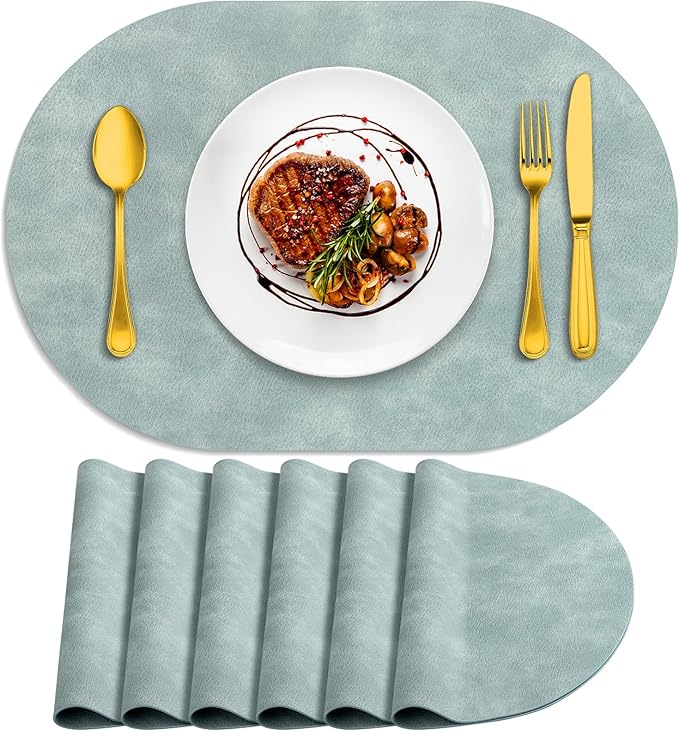 ADRIMER Placemats, Heat Resistant Oval Placemats Set of 6 Washable 12 x 17 Inch, Waterproof Table Mats, Wipeable Pu Place Mats for Kitchen, Dining Room, Light Blue by Adrimersdreamistobeanindispensablecompanioninyourlife
