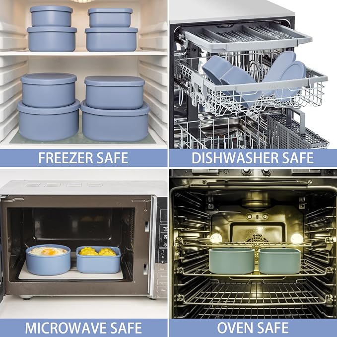 100% Silicone Food Storage Containers with Lids, 8 Pack, 10oz to 51oz, Reusable Leakproof Nesting & Stackable Silicone Bento Lunch Box, Microwave Freezer Dishwasher Oven Safe, BPA Free, Slate Blue - Image 5