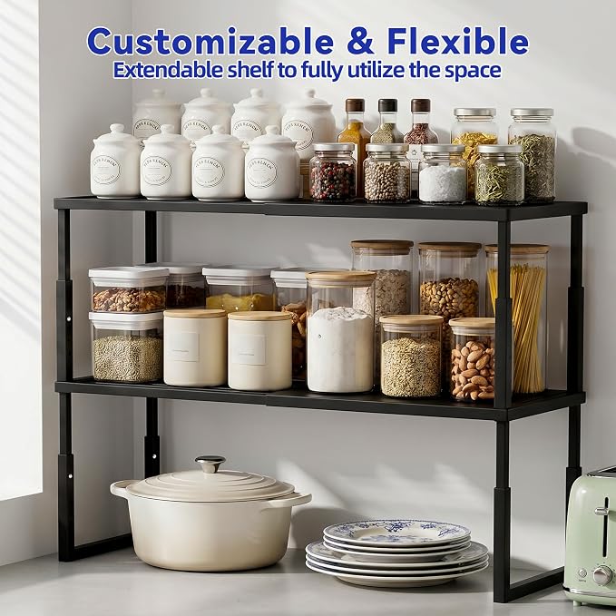 Expandable Cabinet Shelf Organizer, Stackable Countertop Shelves, Black | 15.8''- 25.5'' In Cabinet Shelf, Adjustable Kitchen Cabinet Organizer for Pantry Organizer, CupBoard Organizers and Storage - Image 3