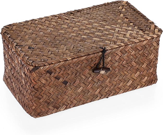 Hipiwe Wicker Shelf Baskets Bin with Lid, Handwoven Seagrass Storage Boxes | Rectangular Household Basket Boxes for Shelf Wardrobe Home Organizer, Coffee X-Small - Image 6