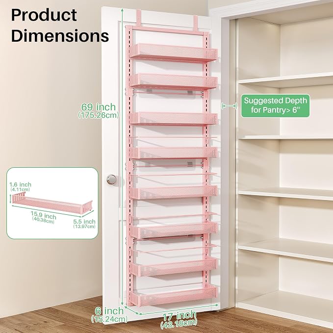 SNTD 8 Tiers Over the Door Organizer, 17" W x 6" D x 69" H, Pink | Pantry Door Organizers and Storage, Height Adjustable Spice Rack, Dense Mesh Baskets, Anti-Swing, Adjustable Door Fastener - Image 2