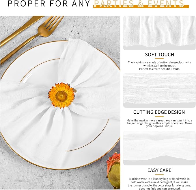 100 Pieces Cloth Napkins White Dinner Cheesecloth Napkins for Wedding,Wrinkled Cloth Napkins Bulk for Home Party Rustic Table Decoration, 17 x 17 Inch - Image 3