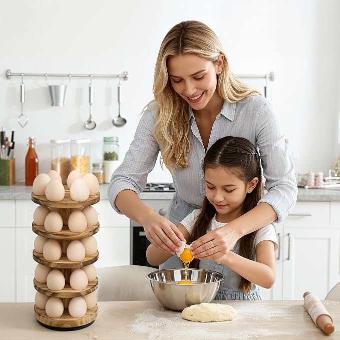 Wooden Egg Holder Countertop, Rotating Countertop Egg Holder | 5 layer countertop egg holder for fresh eggs, stackable with 30 eggs for countertop kitchen, pine - Image 6
