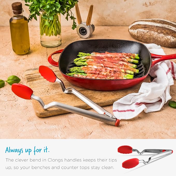 Dreamfarm Clongs Grippy Silicone & Stainless Steel Kitchen Cooking Tongs with Click-Lock Open & Close - 9" Black | Stainless steel, strong-grip non-stick safe tips, one-handed button lock open and close, sit-up handles for mess free benches - Image 5