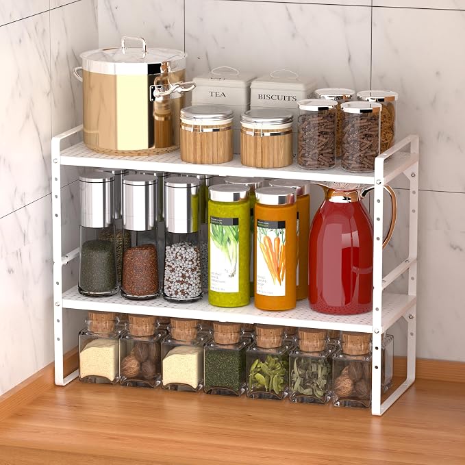 2 Pack Large Expandable Cabinet Storage Shelf, Heavy Duty Stackable Steel Metal Spice Rack Adjustable Height Home Office Pantry Garage Shelves for Counter Kitchen Organization, White - Image 6