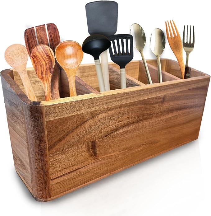 Dstuff Large Kitchen Utensil Holder Organizer for Counter or Countertop, Wooden Storage Container for Cooking and Silverware, Acacia Rustic Wood (4 Compartments) by Dstuff