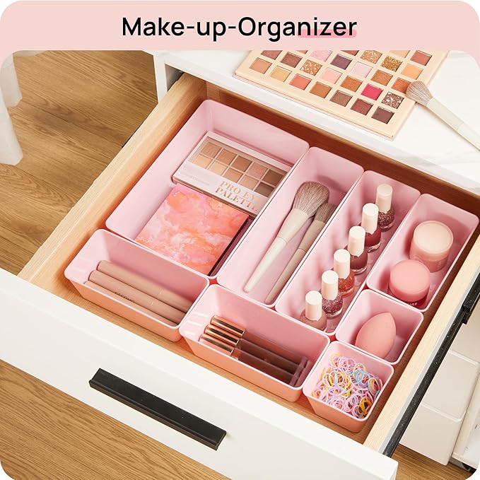 Vtopmart 25 Pack Plastic Drawer Organizers with Non-slip Rubber Pads | 4-Size Versatile Makeup Organizer, Storage Containers Small Bins for Makeup, Jewelries, Bedroom, Kitchen Utensils and Office - Image 4