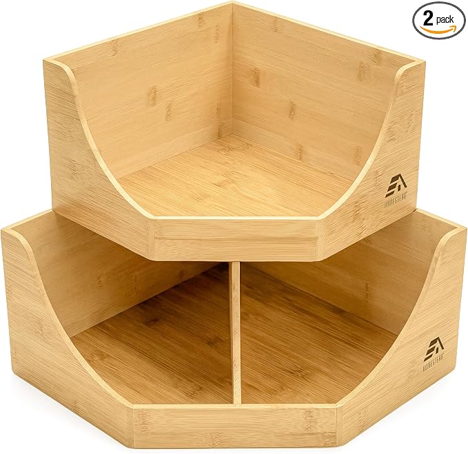 HOMESTEAD Bamboo Corner Storage Bin, 2-Tier Stackable Potato and Onion Storage Bin for Kitchen Counter Corner Shelf, Wooden Produce Storage Pantry Organizer, Fruit & Vegetable Holder, Large by Homestead