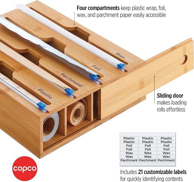 Copco In Drawer or Mounted 4 Compartment Organizer for Plastic, Foil, Wax and Parchment Paper featuring Easy Slide Tabs for Perfect Cut, With 21 Customizable Labels, Bamboo, 13.3 x 11 x 3 Inch - Image 3