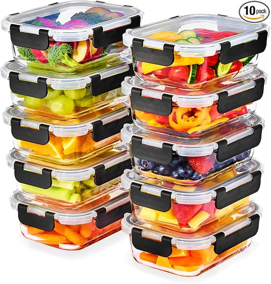 Sorbus 20pc Glass Meal Prep Containers Set – 10 Glass Food Storage Containers (21.3oz, 2.6 Cups) with Airtight Lids – Freezer, Dishwasher, and Oven Safe – Reusable Containers for Meal Prep and Storage by Sorbus