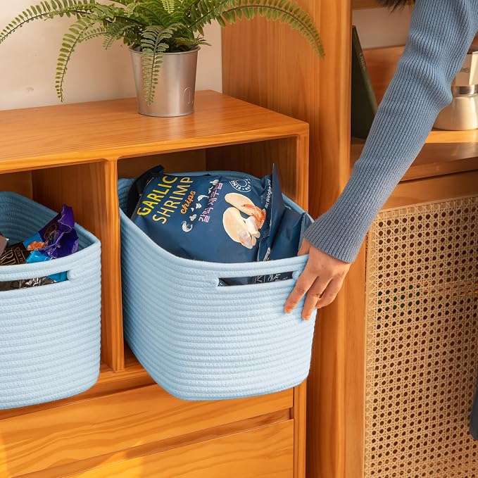 OIAHOMY 4 Pack Storage Baskets for Organizing, Cube Storage Bins for Shelves, Rectangle Storage Baskets With Handles, Woven Baskets for Storage, 12.7''Lx9''Wx7.8''H, Light Blue - Image 4