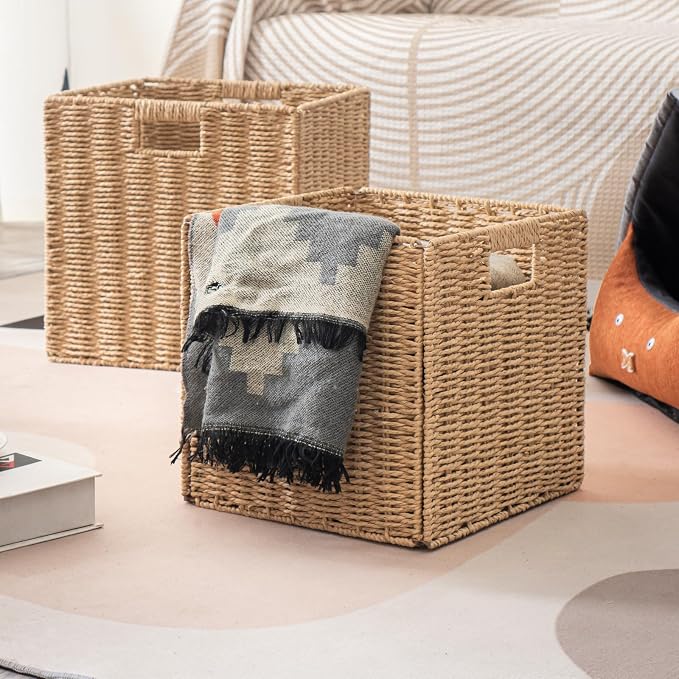 Foldable Square Baskets Set of 4, Paper Woven Storage Cube Bins with Handles for Shelves Cubby Organizing (Natural, 13'' x 13'' x 13'') - Image 6