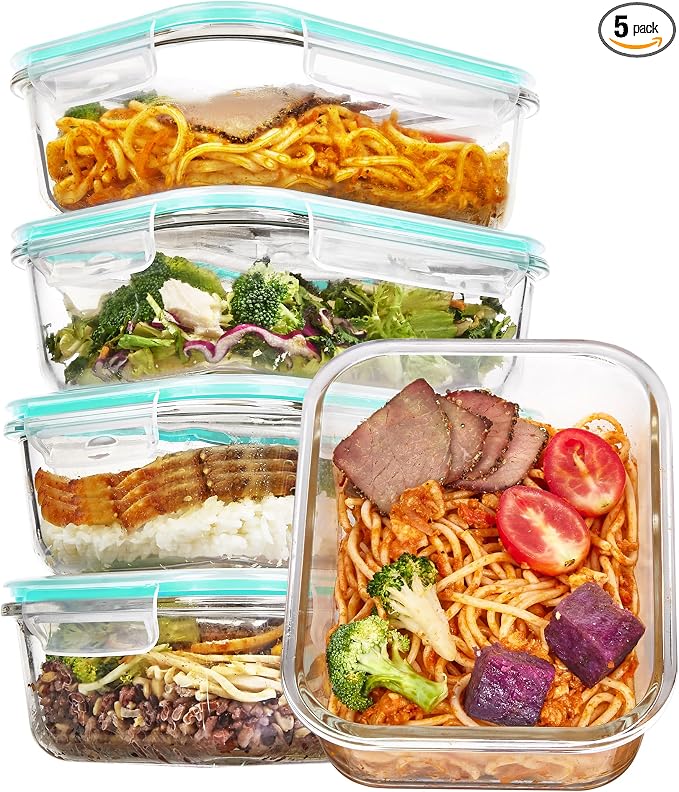 Vtopmart 5 Pack 35oz Glass Food Storage Containers with Lids, Green | Meal Prep Containers, Airtight Reusable Lunch Container Set, Safe for Oven, Microwave, Freezer, and Dishwasher, BPA Free by Vtopmart