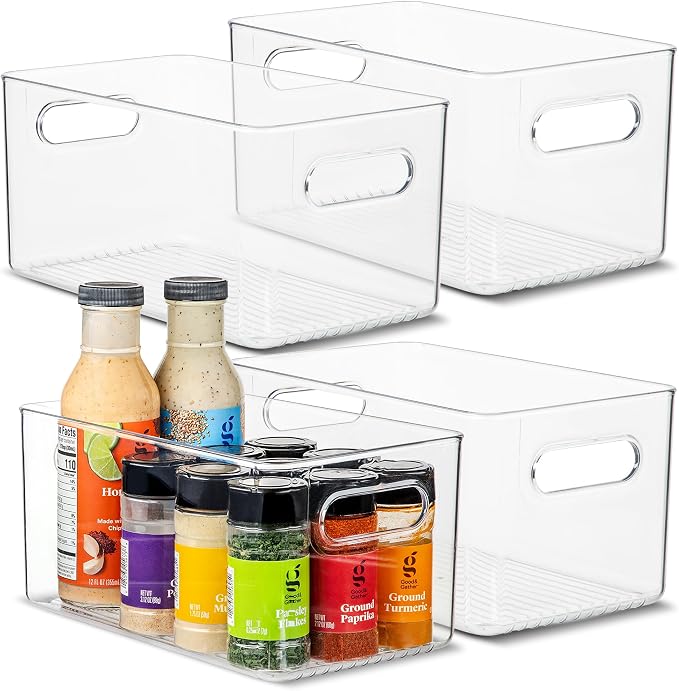 Plastic Food Storage 4 Pack Clear Container Bin with Handles for Organizing Kitchen, Pantry, Fridge, Freezer, Pantry,Bathroom. 10"x6"x5" by primebox