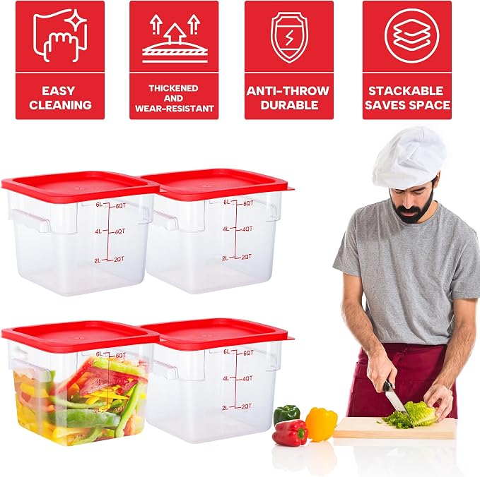 BIEAMA 4 Pack 6 Qt Square Food Storage Containers with Lids, NSF, Clear | Commercial polycarbonate containers with scale markings and handles; stackable for prep, brining, fermentation & bulk storage - Image 4