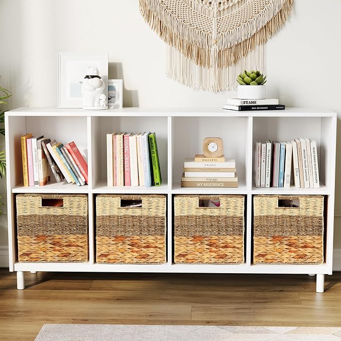 SpaceAid 4 Pack 3 Pattern Design Wicker Basket, Baskets for Organizing, Storage Rattan Basket with Handles for Shelves, Woven Cube Storage Bin Organizer, 13x13x13 inch, Natural - Image 4