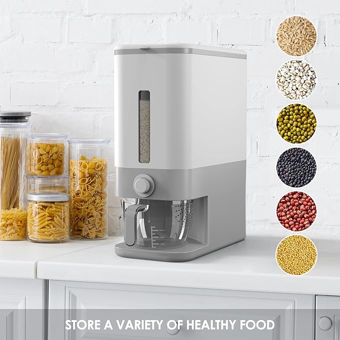 Rice Dispenser, Large Sealed Grain Container Storage with Measuring Cup, Food Cereal Container Bins for Flour Cereal Kitchen Storage (Grey) - Image 7