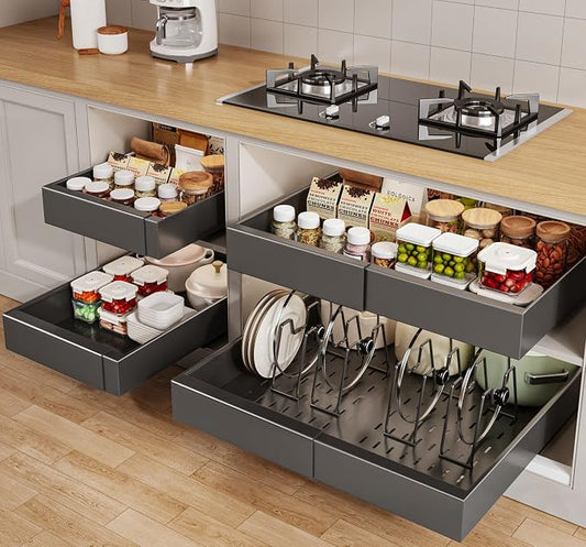 Seinloes 4 Pack Pull out Cabinet Organizer 21"Deep with Raising Pad for Framed Cabinets, Expandable Slide out Drawers for Kitchen Cabinets with 4pcs Divider Racks, Roll out Shelves 12.1"-20.4" W Black by Seinloes