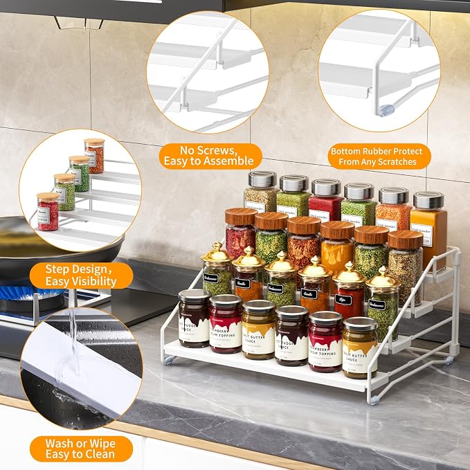 Spice Rack Organizer for Cabinet, Depth Adjustable 4 Tier Spice Rack,1 Pack | White, Metal Spice Organization for Cabinet, Easy Visibility, Tiered Spice Rack Perfect for Cabinet, Pantry and Countertop - Image 5
