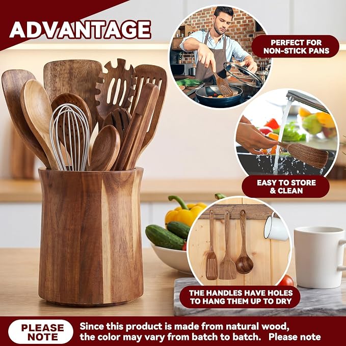 SiliFine 11 Pcs Wooden Kitchen Utensils Set with 360° Trumpet Rotating Holder Acacia Wood Cooking Utensils with Holder Cooking Spoons Spatulas for Nonstick Cookware Countertop Kitchen (Natural) - Image 5