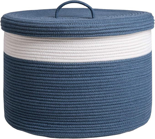 20x15 Inch Extra Large Round Cotton Rope Storage Basket with Lid, Decorative Woven Bin with Cover for Living Room Bedroom Closet, Dark Blue by Cottonphant