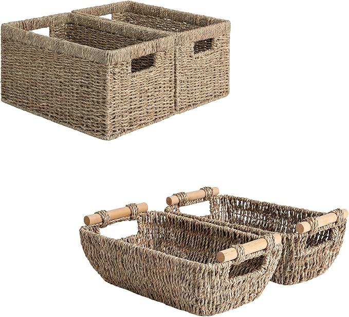 StorageWorks Set of 4 Storage Baskets, Rectangular Wicker Baskets with Built-in Handles by StorageWorks