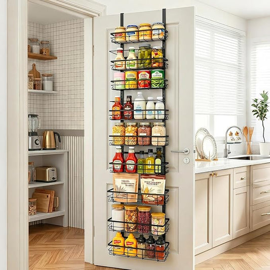 Over the Door Spice Rack 9-Tier Black for Kitchen Pantry | Adjustable 9-tier metal over-door storage rack for kitchen, pantry. Rust-resistant, hooks, suction cups, no-drill. by Unknown