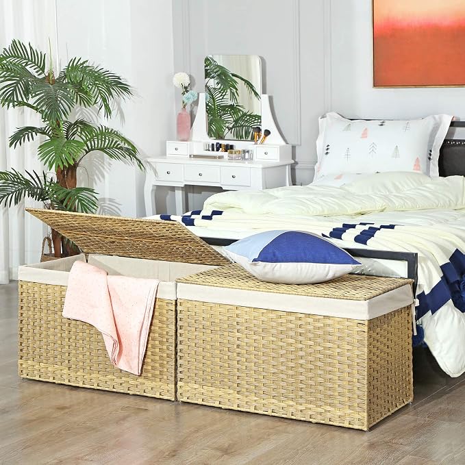 SONGMICS Storage Basket with Lid, Woven Blanket Storage Bin with Handles, Foldable, Removable Liner, Metal Frame, for Bedroom, Laundry Room, 42.3 Gallons (160 L), Natural URST76NL - Image 3