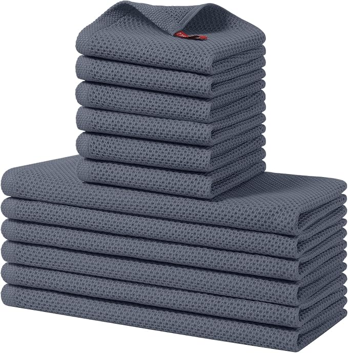 Homaxy 12 Pack 100% Cotton Kitchen Towels and Dishcloths Set, Dark Grey | 12 x 12 Inches and 13 x 28 Inches Kitchen Towels Set, Ultra Soft Absorbent Dish Cloths for Washing Dishes by Homaxy