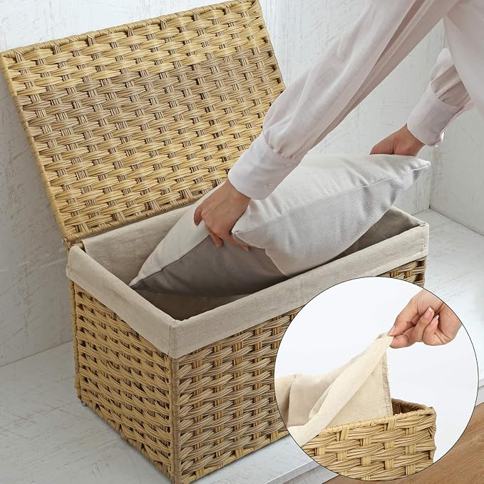 SONGMICS Storage Basket with Lid, Woven Blanket Storage Bin with Handles, Foldable, Removable Liner, Metal Frame, for Bedroom, Laundry Room, 17.2 Gallons (65 L), Natural URST56NL - Image 7