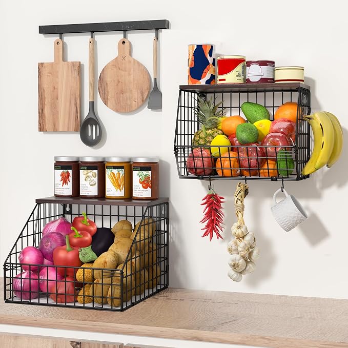 Fruit and Vegetable storage, 2 Set Wall Mounted Wire Baskets, Fruit Basket for Kitchen Counter, Hanging Fruit Basket, Potato Onion Basket, Wire Basket for Organizing, Countertop Organization Pantry - Image 5