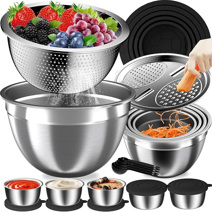 Mixing Bowls with Lids Set, 27Pcs Stainless Steel Nesting Mixing Bowls Set for Kitchen Cooking & Storage, Metal Salad Bowls with Colander, Strainer, Grater & Dressing Containers, Kitchen Gadgets Black by AUFETQ