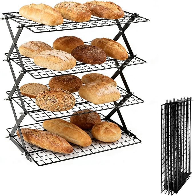 4 Tier Collapsible Cooling Rack Sourdough Cooling Rack 17"x10" | Cooling Racks for Cooking and Baking, Roasting, Grilling, Adjustable 6 Setting Design stackable, Oven & Dishwasher Safe by JINANJUNGU