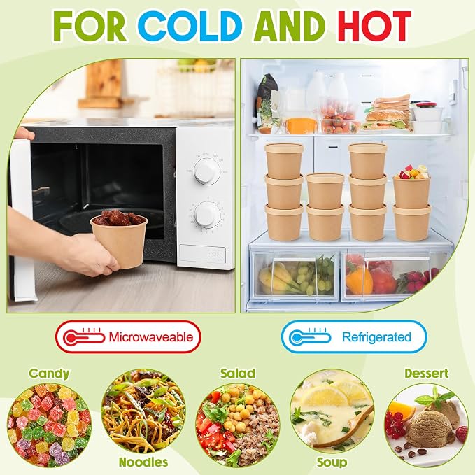 Fulmoon 100 Pack Paper Soup Containers with Lids Disposable Paper Food Containers with Vented Lid Kraft Ice Cream Cake Dessert Cups Soup Bowl for Party Hot Food Fruit Microwave(20 oz,Brown) - Image 5