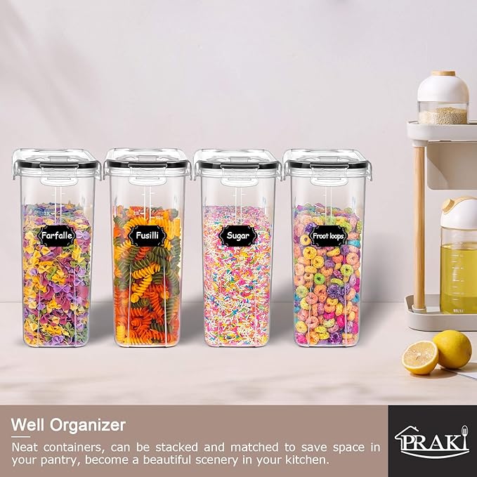 PRAKI 5PCS Cereal Containers Storage Set, BPA Free Airtight Food Storage Container Set with Lids, Kitchen Pantry Organization and Storage for Sugar, Baking Supplies with 20 Labels & Mark(4L Black) - Image 7