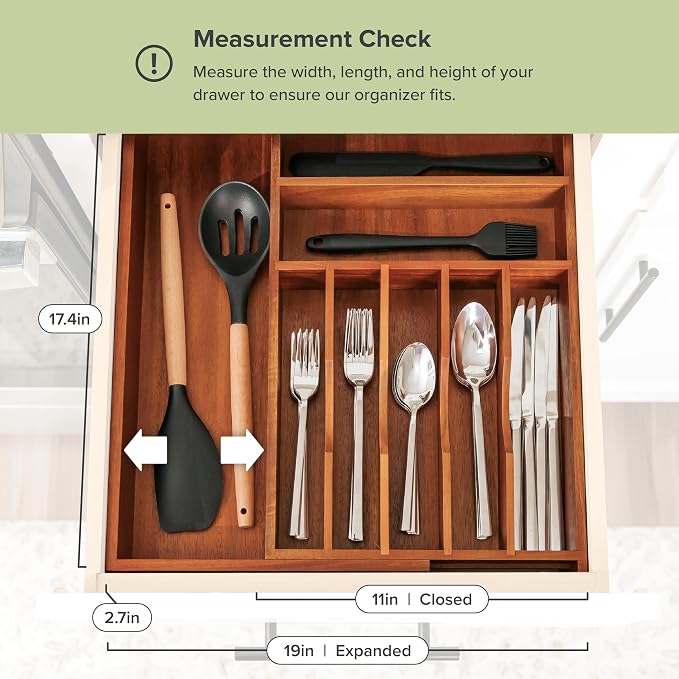 Silverware & Utensil Drawer Organizer, 10.5-19 in, Acacia | Cutlery, flatware, food-safe contract grade, kitchen drawer fit - Image 4