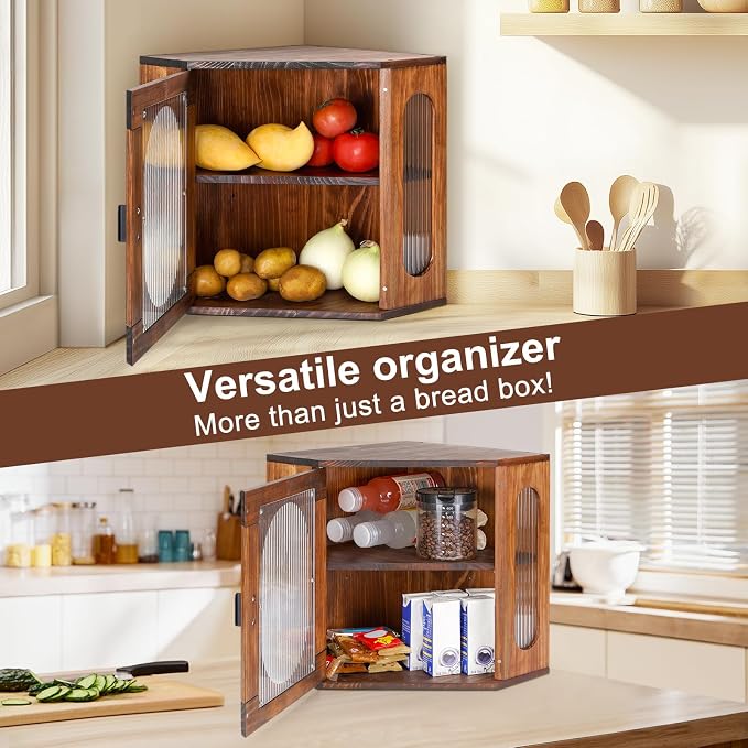 Sunhoo Bread Box for Kitchen Countertop Corner Bread Storage Wooden Breadbox Container 2 Layer Bread Holder Keeper Large Farmhouse Bread Bin Shelf for Homemade Pantry Vintage Acrylic Window(Brown) - Image 6