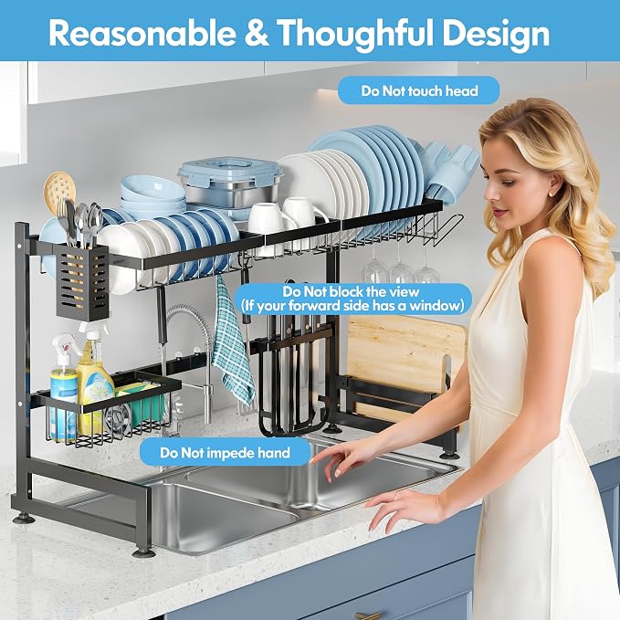 Over The Sink Dish Drying Rack with Utensil and Cup Holder | 2 Tier Stainless Steel,Expandable,Rust Proof Metal,Space Saving,Black Big Capacity Plate Drainer Above Kitchen Counter - Image 7