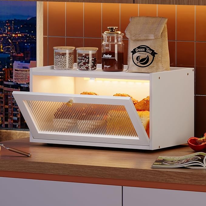 Trironsun Bamboo Bread Box with Led Light for Kitchen Counter Large Capacity Bread Storage Container Kitchen Countertop Organizer with Window Bread Holder (Whiite) - Image 2