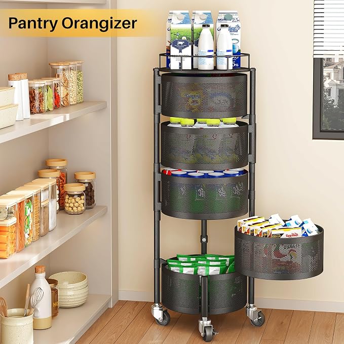 SNTD Fruit and Vegetable Basket Bowls for Kitchen with Metal Top Lid, 5 Tier Rotating Storage Rack Cart for Potato Onion Bread Banana, Wire Basket Organizer on Wheels, Large, Black - Image 5