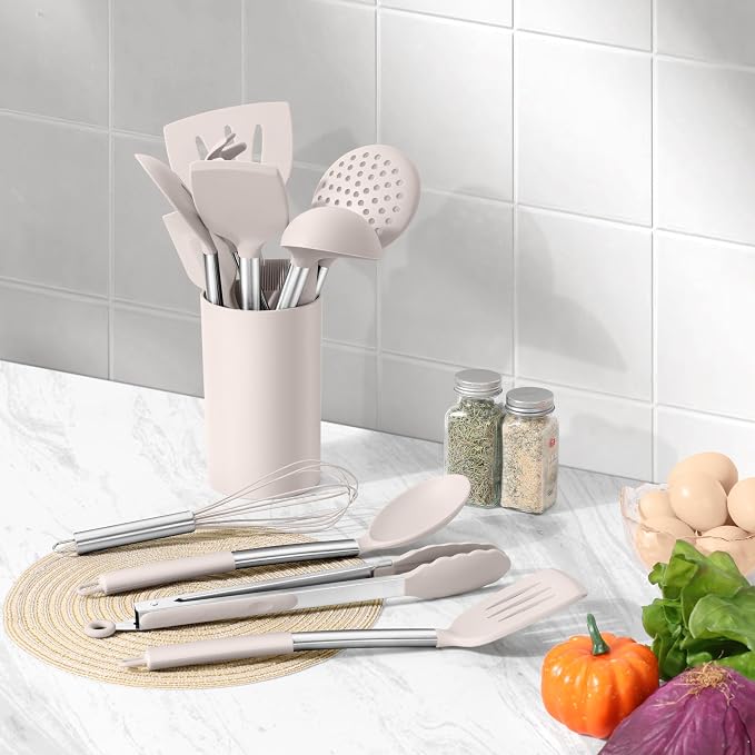 LIANYU 15 Pcs Cooking Utensils Set, Silicone Kitchen Tools with Holder | Heat Resistant, Kitchen Gadgets with Stainless Steel Handle, Brush Spatula Spoon Whisk for Cookware, Dishwasher Safe, Khaki - Image 8